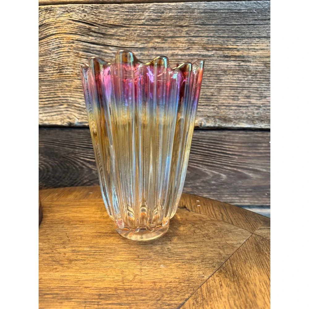 Federal glass Vintage Cranberry Amber Ombre Art Glass Vase‎ Ribbed Ruffle Rim